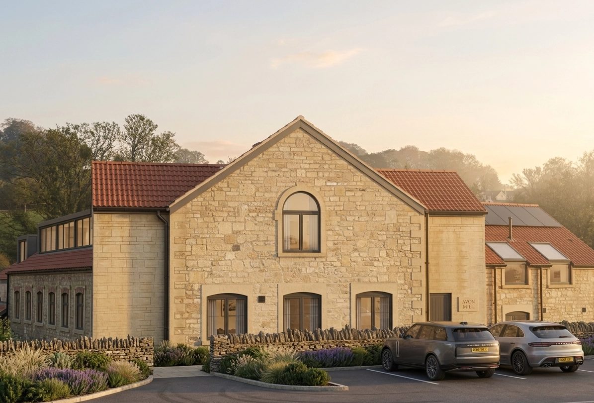 Avon Mill at golden hour — the Bath stone gable.