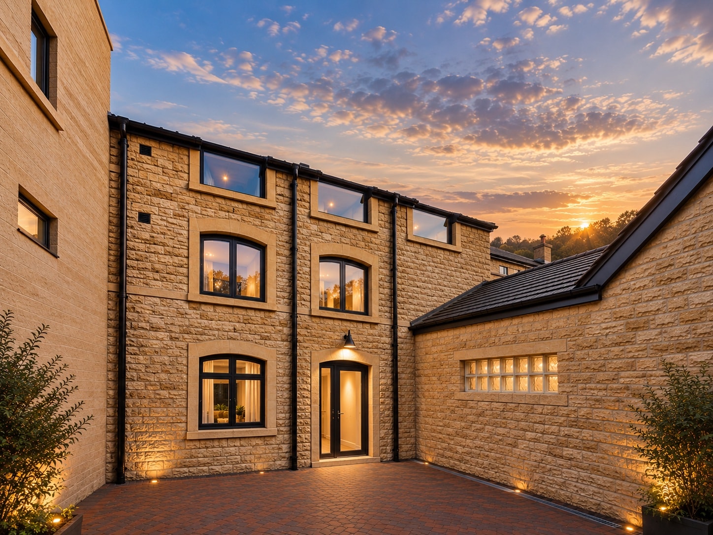 The mill courtyard — Bath stone walls, arched windows and a glazed entrance door.